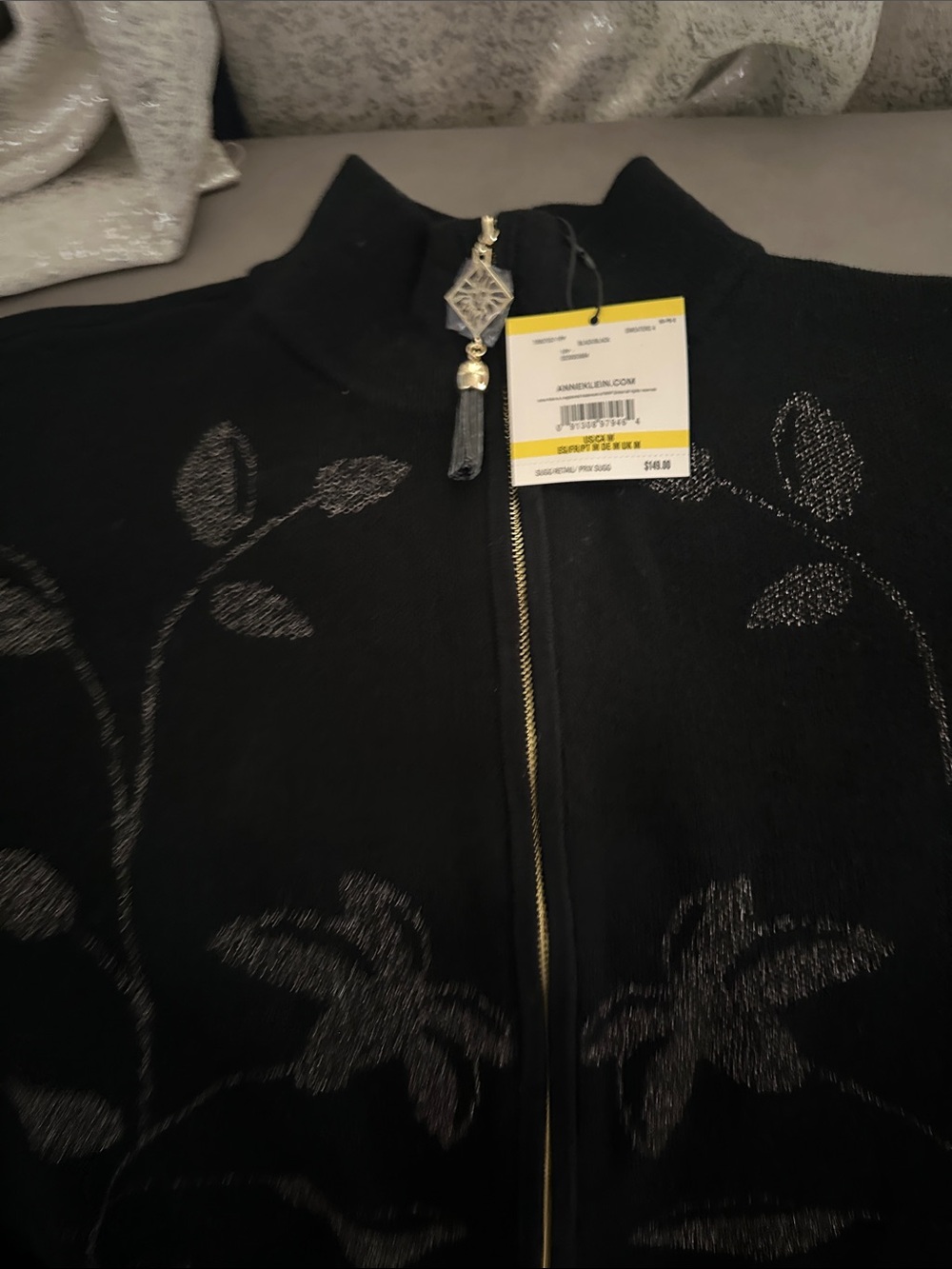 Anne Klein Black Zip-Front Sweater with Metallic Leaf Detail